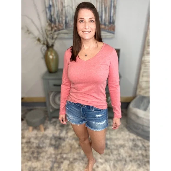 ❤️🔥V-Neck Long Sleeve Basic Slimming Top Marbled Red 1222 - Picture 9 of 12